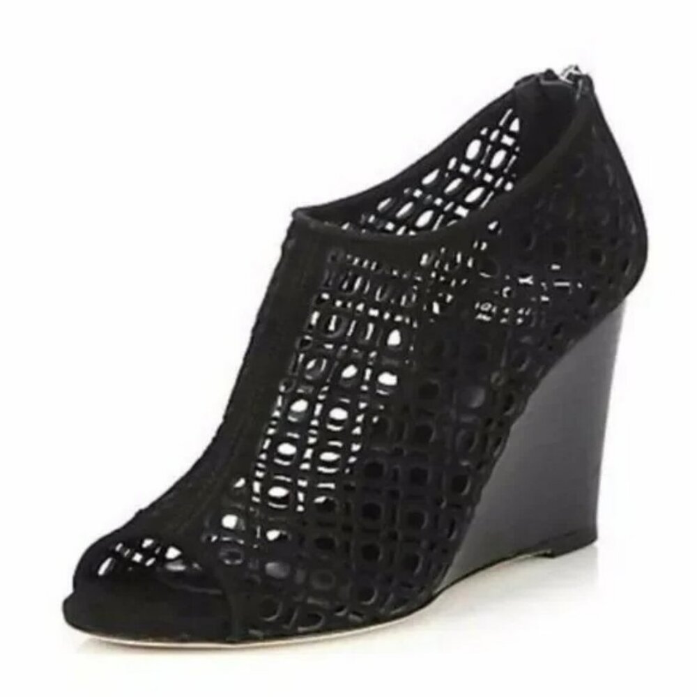 Aquatalia Black Pierced Caged Leather Open Peep Toe Wedges Booties Shooties 7.5